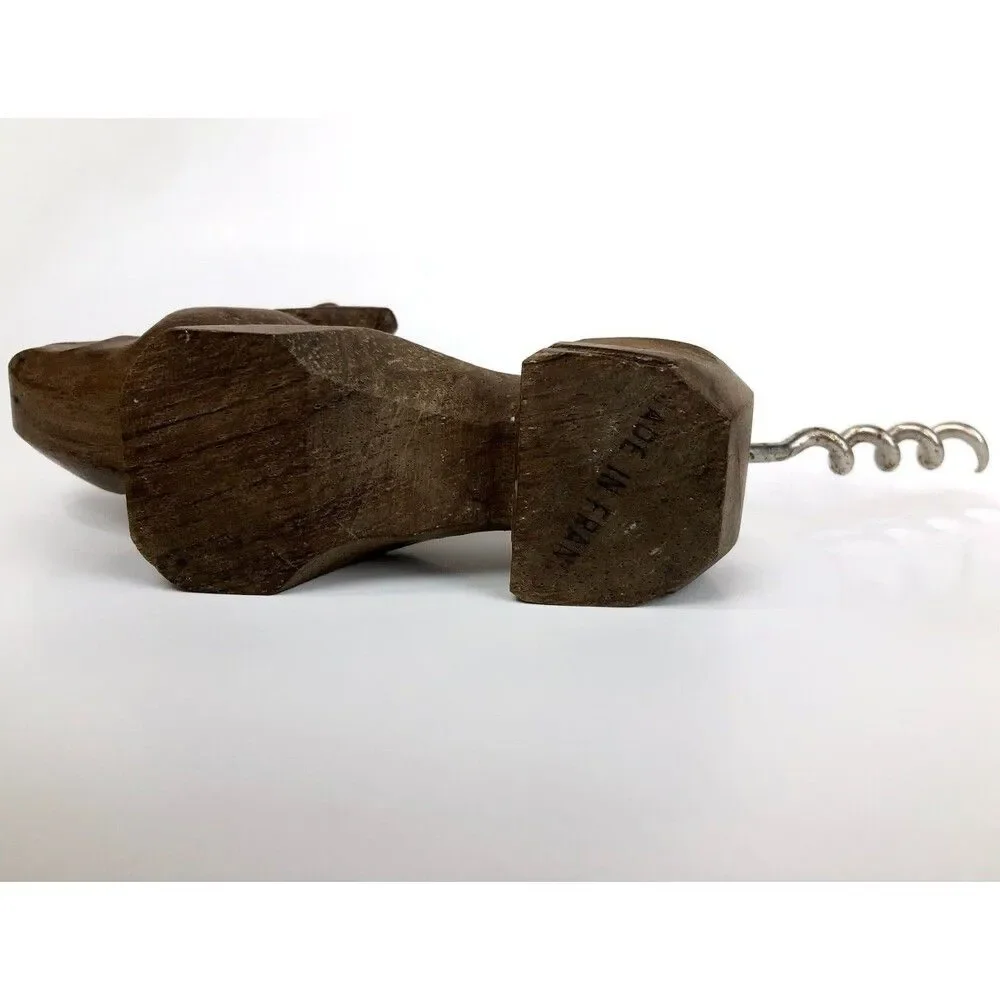 VTG Bulldog Bottle Opener  Corkscrew Hand Carved Wood France Blue Glass Eyes